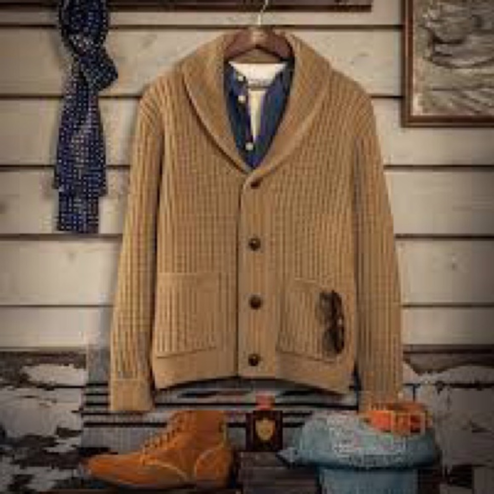 Men's Abercrombie Vintage Ribbed Tan Shawl Collar Sweater